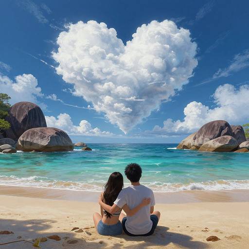 Photograph of a couple sitting on a sandy beach, back to the camera, with turquoise water, large rocks, and a heart-shaped cloud in a
