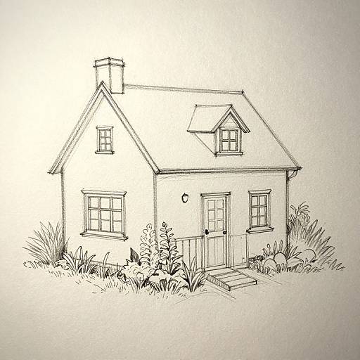 Black-and-white line drawing of a quaint, small cottage with a gabled roof, two windows, a chimney, and a front steps, surrounded by