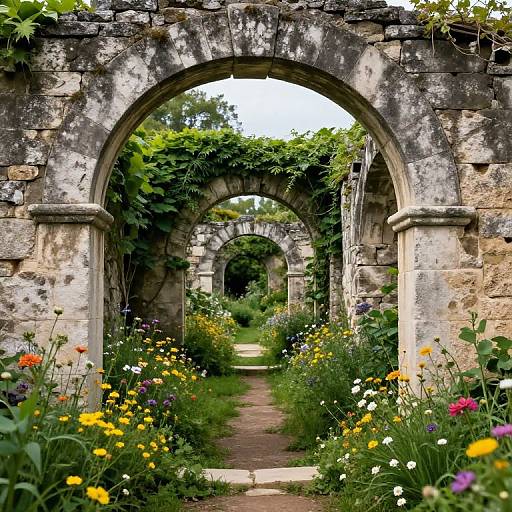 Photograph of a picturesque, stone arched garden pathway with lush greenery, vibrant wildflowers, and multiple arches, creating a serene, enchant