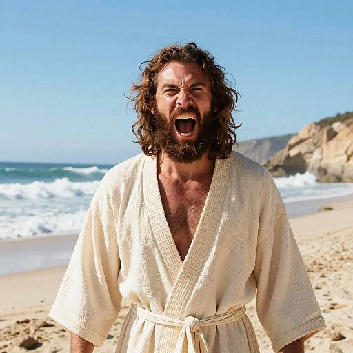Intense Bearded Man Yelling on Beach