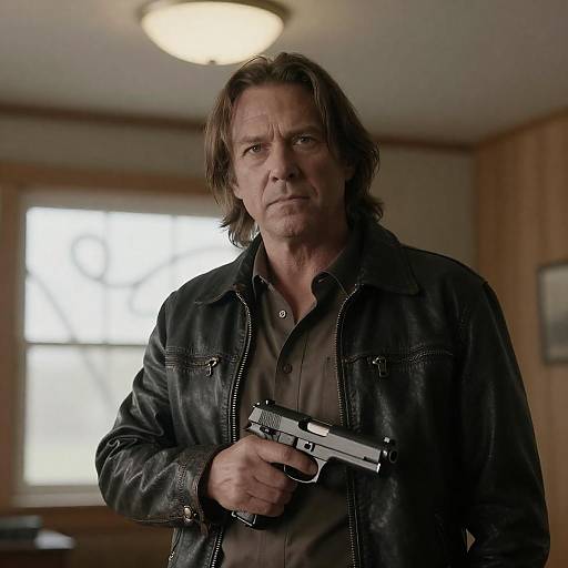 Man Holding Handgun in Leather Jacket