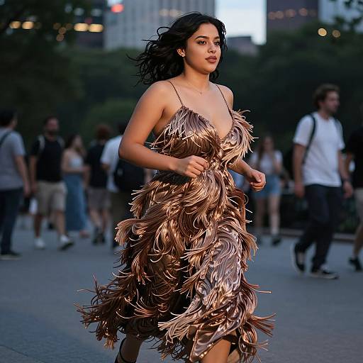 Photograph of a young woman with medium brown skin, dark wavy hair, wearing a brown, feathered, spaghetti-strap dress, walking confidently