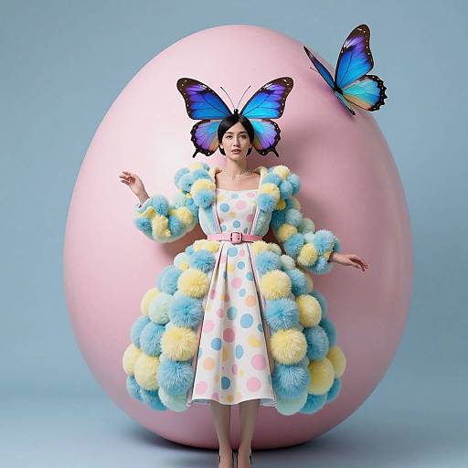Photograph of a woman with blue butterfly headpiece, wearing polka-dot dress with yellow and blue pom-poms, standing in front of a pink