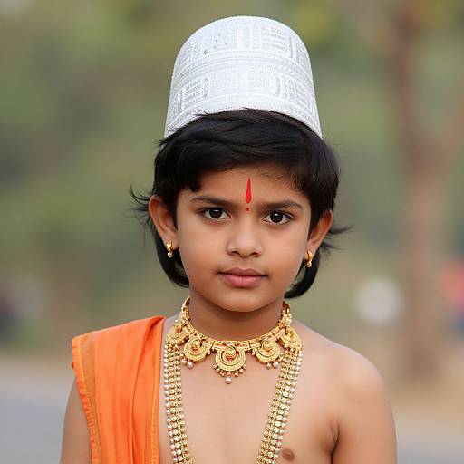 Photograph of a young Indian boy with dark hair, wearing an orange dhoti, white cap, gold necklace, red forehead mark, and earrings