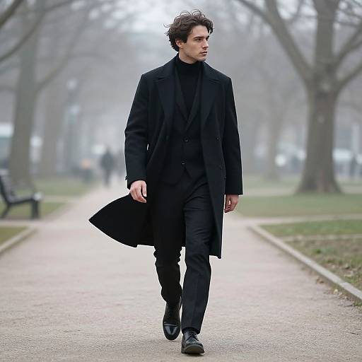 Photograph of a handsome, curly-haired man in a long black coat, black turtleneck, and pants, walking alone on a foggy,