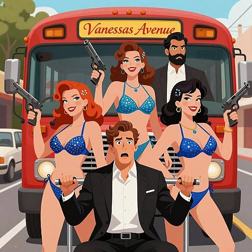 Dynamic Vintage Scene with Gun-Wielding Women