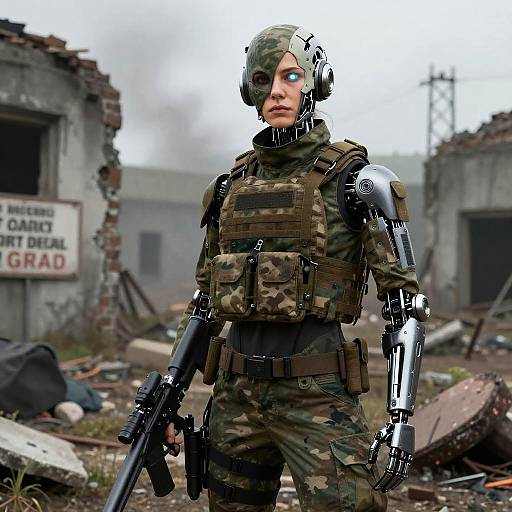 Stoic Female Cyborg Sniper in Sci-Fi Ruins