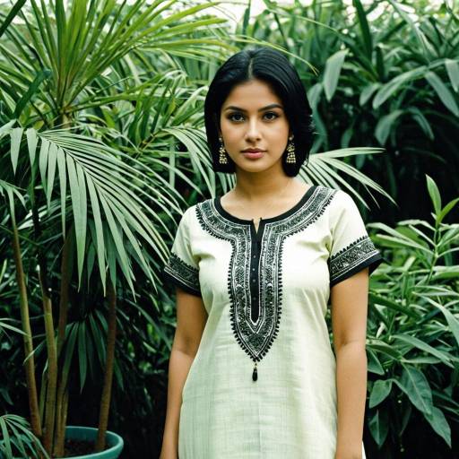 Young Woman in Embroidered Dress Among Green Plants