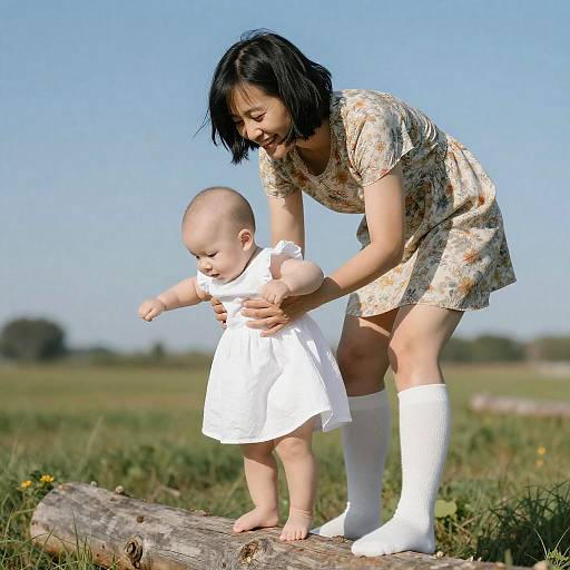 Smiling Woman and Baby on Log
