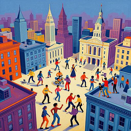 Vibrant digital illustration of a diverse city square with people dancing, walking, and interacting among colorful, stylized buildings and skyscrapers.