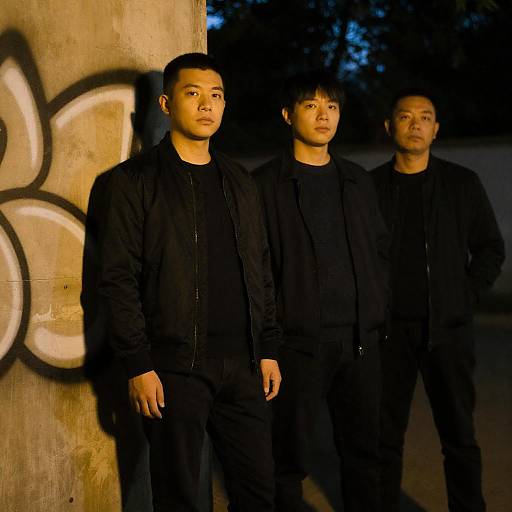 Three Men in Dark Clothing at Night