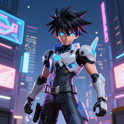 CGI anime-style image of a black-haired, blue-eyed boy in futuristic, white-and-black armor with glowing blue accents, standing in a neon-l