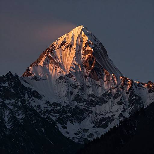 Photograph of a snow-capped mountain peak glowing with orange sunlight against a dark, clear blue evening sky, casting dramatic shadows on its rugged, icy