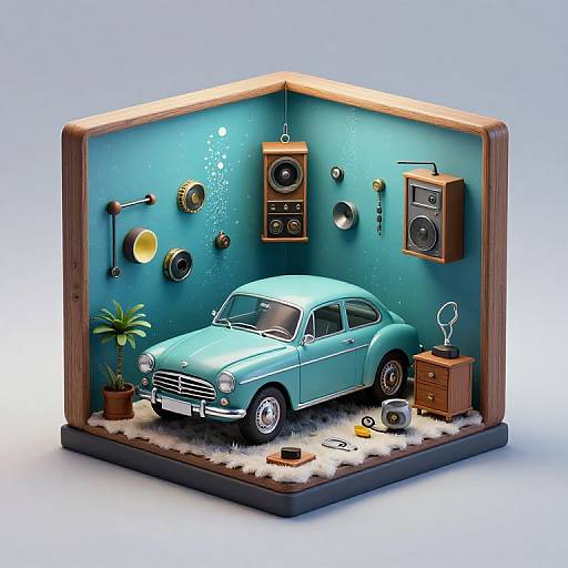 Vintage Car Inside Futuristic Underwater Isometric Box