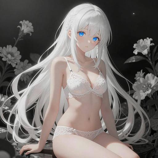 White-haired Anime Girl in Lace Lingerie