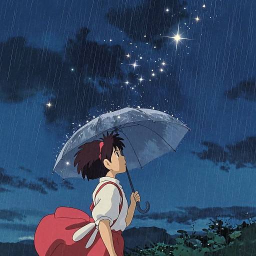 Anime-style digital drawing of a girl with brown hair, wearing a white blouse and red hakama, holding a sparkling umbrella under a rainy, starry