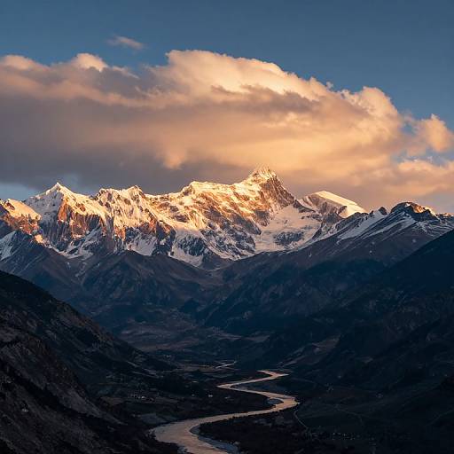 Photograph of snow-capped mountains bathed in golden sunlight, with a winding river in the valley below, under a blue sky with pink clouds.
