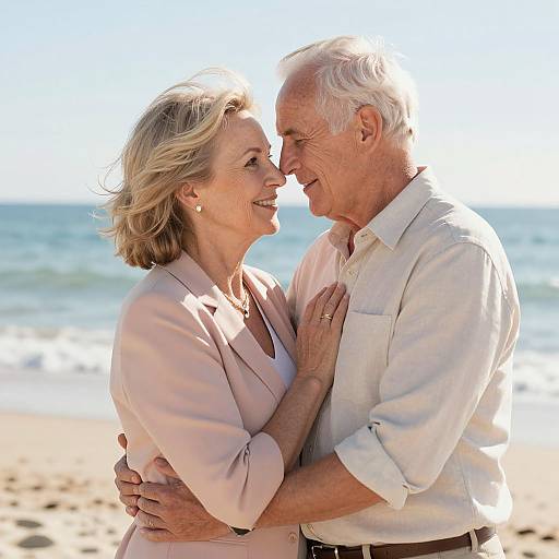 Photograph of an elderly couple smiling and embracing on a sunny beach, with the ocean in the background. She wears a pink blouse, he wears a