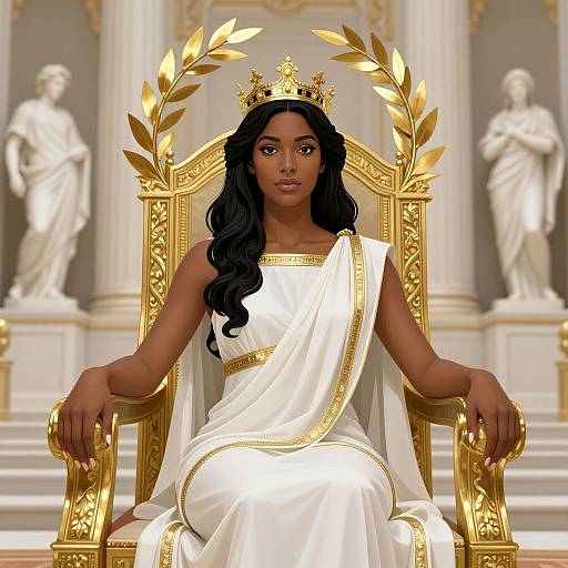 Digital art of a dark-skinned woman with long black hair, wearing a white toga and golden crown, seated on an ornate golden throne with