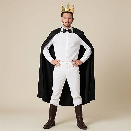 Photograph of a man with a mustache, white suit, black cape, black boots, golden crown, and black bow tie, standing confidently against