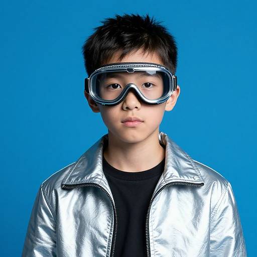 Photograph of an Asian boy with short black hair, wearing large goggles and a shiny silver jacket over a black shirt, against a solid blue background.