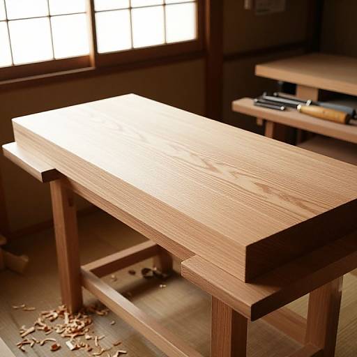 Photograph of a freshly sanded, rectangular wooden workbench with a smooth finish, in a dimly lit workshop with scattered wood shavings, a