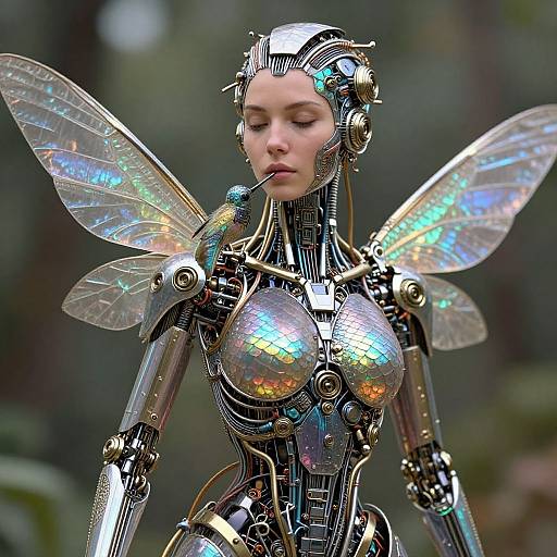 Photorealistic CGI of a futuristic, iridescent-winged female robot with metallic joints, glowing chest plates, and closed eyes in a forest background