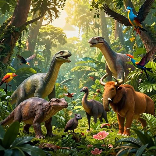 Vibrant CGI jungle scene with dinosaurs, birds, and a bull amidst lush greenery and sunlight filtering through trees. Colorful birds fly above.