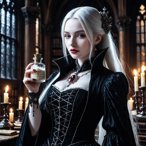 Vampiric Noblewoman in Gothic Library
