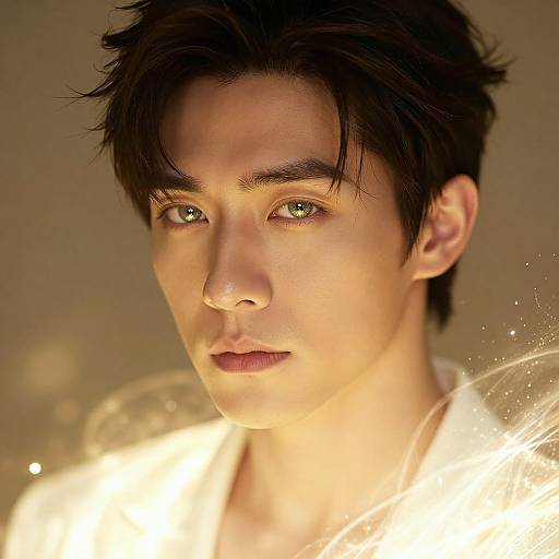 Close-up photograph of a young Asian man with short, black hair, green eyes, and fair skin, illuminated by warm, glowing light.