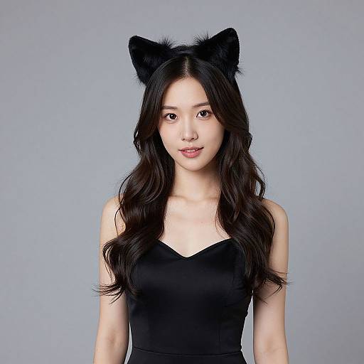 Photograph of an Asian woman with long, wavy black hair, wearing a black cat ear headband and a black sleeveless top, against a