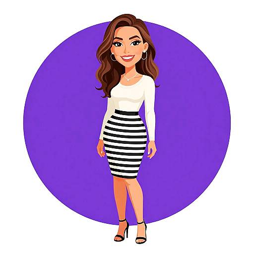 Cartoon-style illustration of a smiling woman with long brown hair, wearing a white long-sleeve top and black-and-white striped skirt, standing against