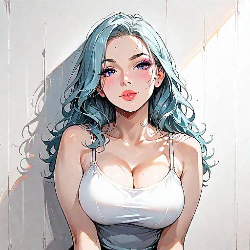 Portrait of Woman with Blue Hair in White Camisole