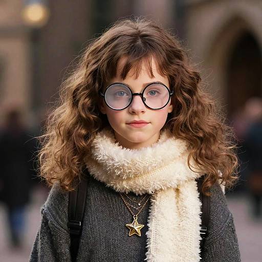 Photograph of a young woman with curly brown hair, round glasses, white furry scarf, black coat, gold star necklace, standing outdoors. Blurred