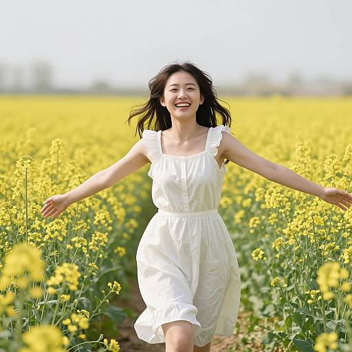 Photograph of a smiling Asian woman with black hair, wearing a white sleeveless dress, running joyfully through a vibrant yellow field of blooming can