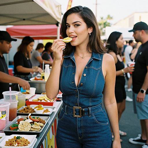 Photograph of a smiling brunette woman in a sleeveless denim dress, eating a taco at a busy outdoor food festival.