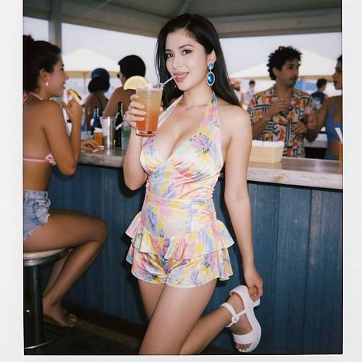 Photograph of a smiling Latina woman with long black hair, wearing a colorful floral halter top and ruffle shorts, holding a drink, standing at