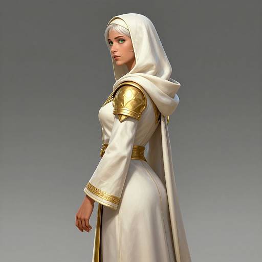 CGI image of a stern, fair-skinned woman in an elegant white robe with gold armor details, white hood, and blue eyes, standing against