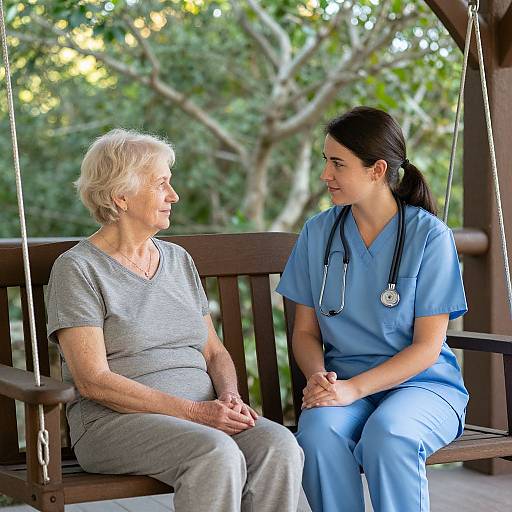 Elderly Woman and Caretaker on Patio Swing