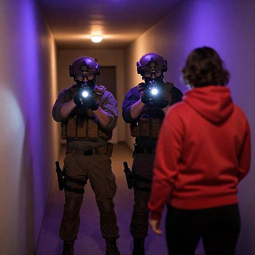 Tactical Officers Aiming in Dimly Lit Corridor