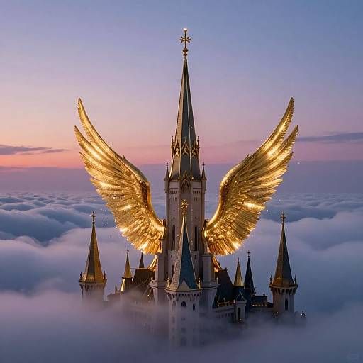 Photograph of a magical castle with glowing golden wings rising from its spires, surrounded by clouds at dawn.