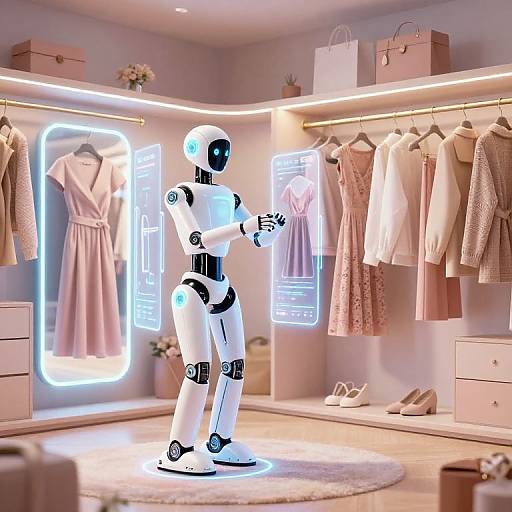 Photorealistic CGI of a white, glowing humanoid robot in a modern, neon-lit dressing room, examining pink and white dresses.