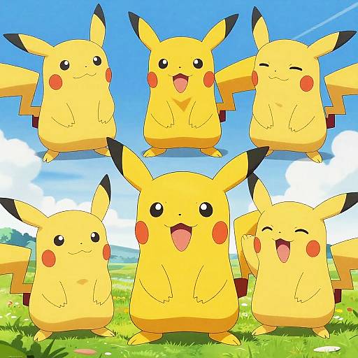 Digital illustration of six cheerful Pikachu, yellow with black-tipped ears and red cheeks, standing in grassy field under bright blue sky.
