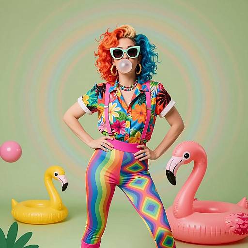 Vibrant Quirky Fashion Portrait with Inflatable Flamingos