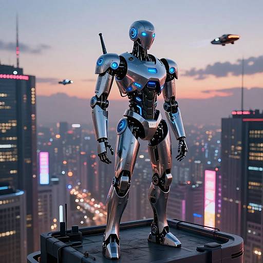 Photorealistic CGI of a futuristic silver robot with glowing blue lights standing on a rooftop, overlooking a cityscape at sunset with two drones in the sky