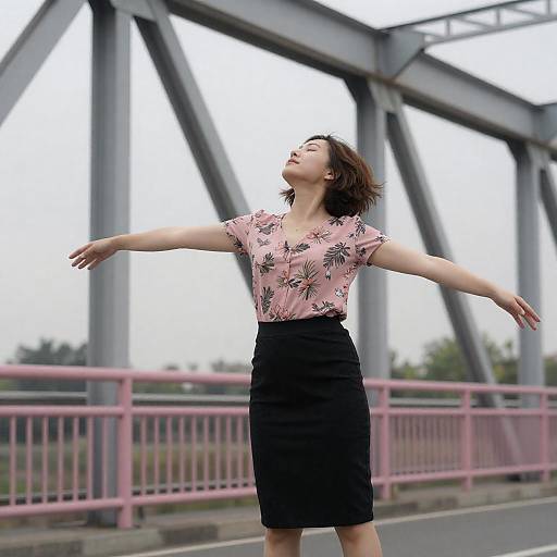 Elegant Woman on Steel Bridge in Motion