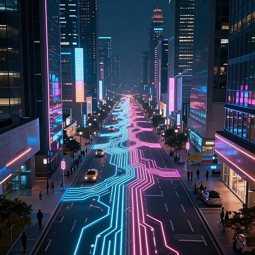 Neon-lit city street at night, vibrant blue and pink light trails on road, tall buildings with illuminated signs, few pedestrians, cars, modern