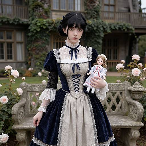 Photograph of a young Asian woman in a Victorian-style black and white maid dress, holding a porcelain doll, standing in a rose garden with a stone