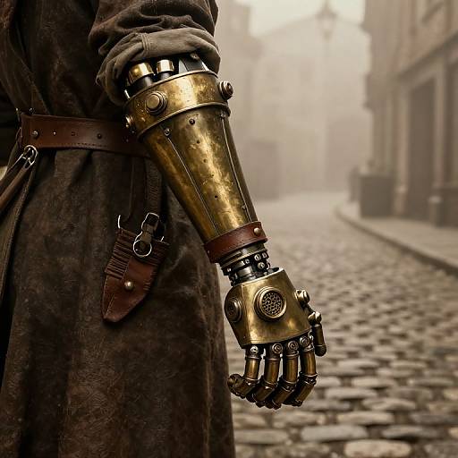 Photograph of a steampunk-style brass robotic arm with brown leather straps, attached to a person in a dark, textured coat, standing on a