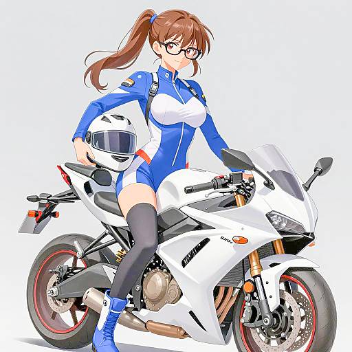 Anime Girl on White Sport Motorcycle